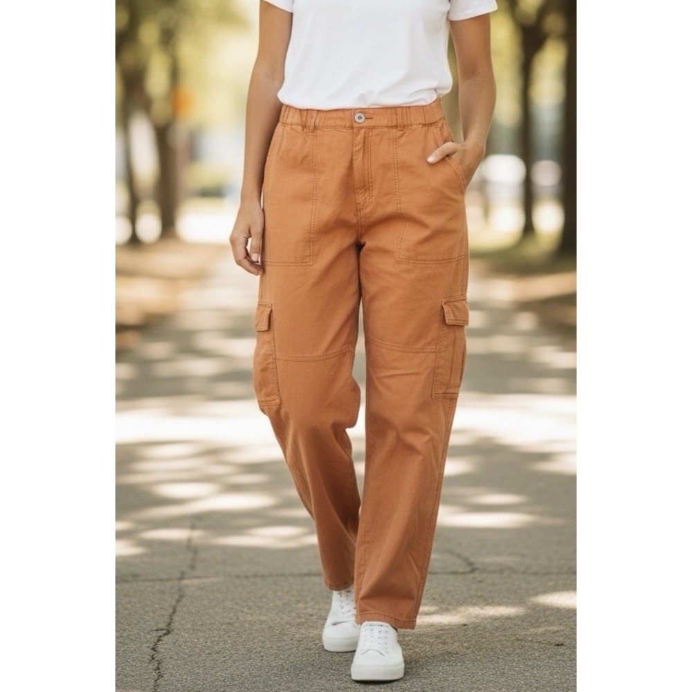 Pilcro Anthropologie Orange Linen Cargo Pants XL Elastic Waist Utility Pockets